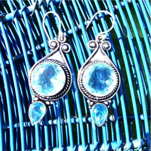 Swiss Blue Topaz Earrings | Antique Detailing Sterling Silver 2.2" Drop Earrings - A Gothic Universe - Earrings