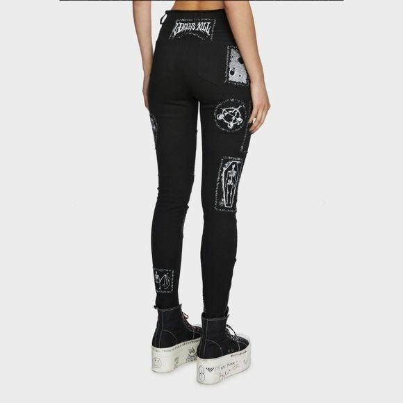 Stitch Bitch Lace-up Patch Jeans | Black Zip Ankles Goth/Punk Style - Current Mood - 