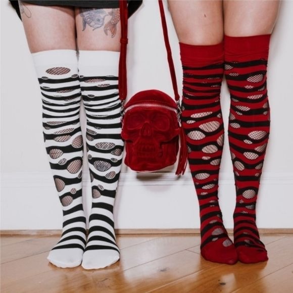 Wretched Soul Distressed Long Thigh High Socks | Black & White - Killstar - Thigh Highs