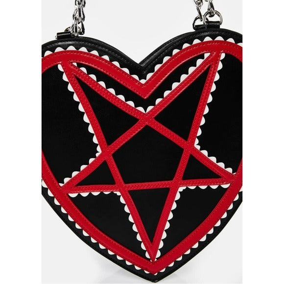 Red Pentagram Novelty Heart Bag | Black Vegan Leather Zip Closure - Too Fast - Handbags / Coin Purses