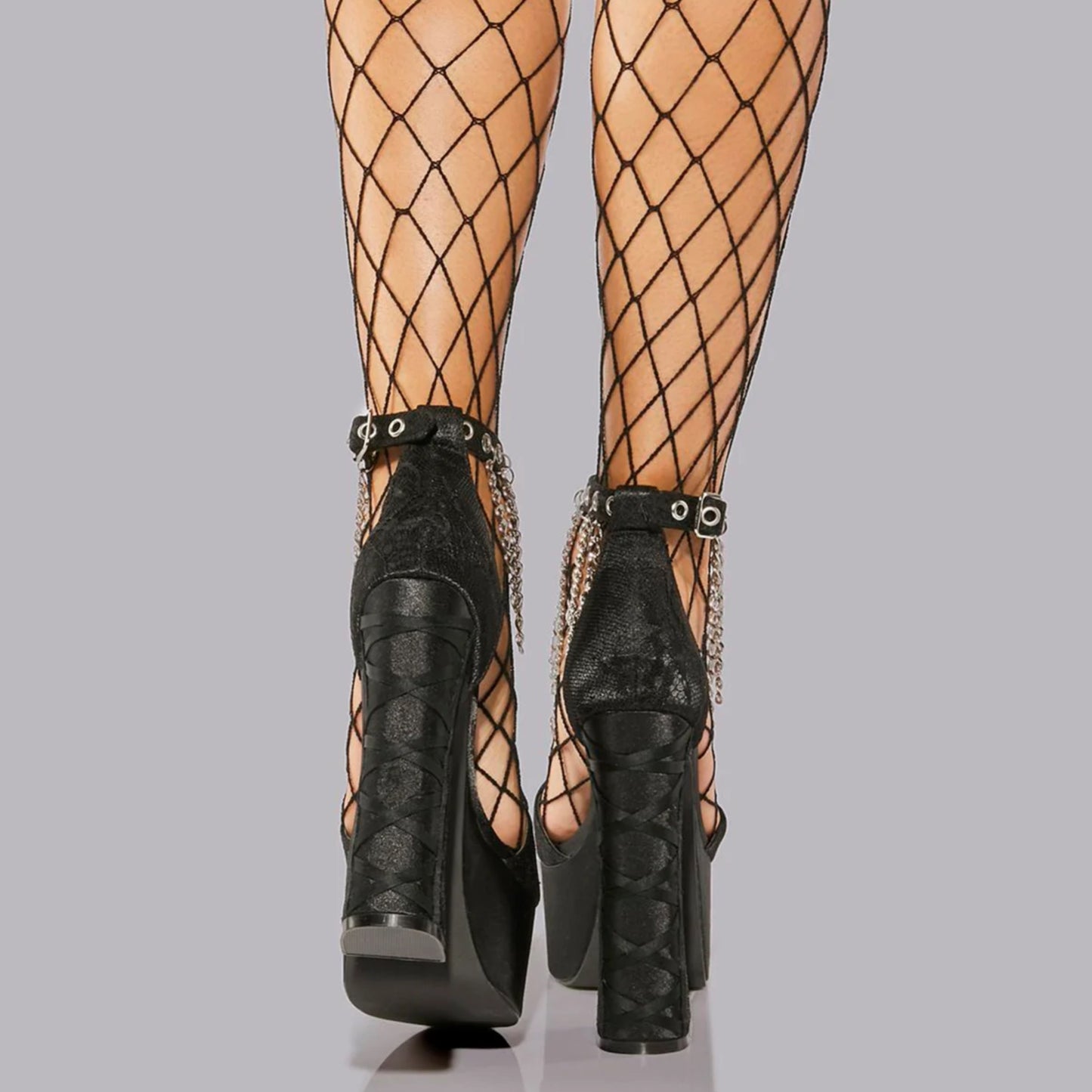 Black Platform Ankle Strap Heels | Peep Toe Block Heel Lace-Up Design Chain Details - Widow - Heels