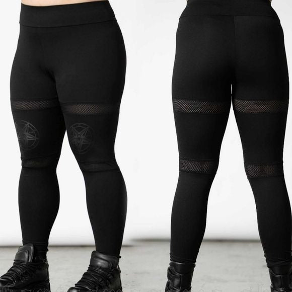 Hellbound Leggings | Black on Black Mesh Inserts Super Strong & Soft - Killstar - Leggings