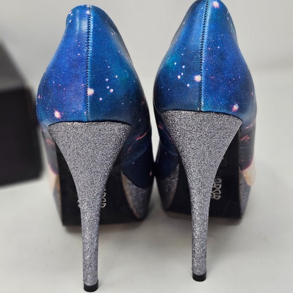 Black Platform Heels | Unicorn Pattern Closed Toe Glitter Heel - Iron Fist - Heels