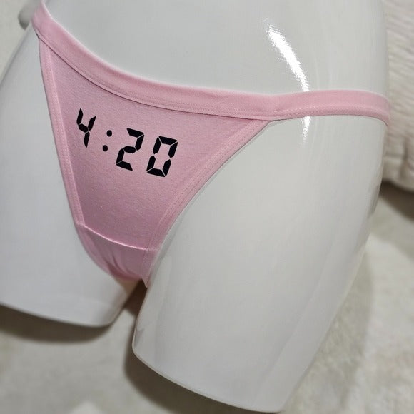 420 Thong | Pink Stretchy Black 4:20 Graphic Front Cotton XS-S - MaryJaneNite - Panties