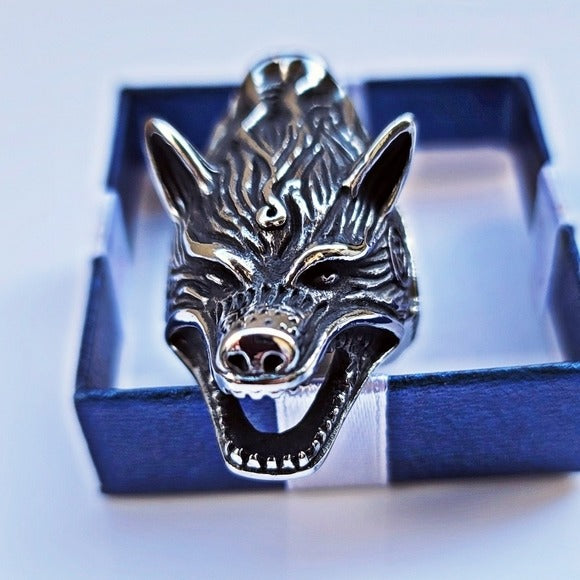 Wolf Head Men's Biker Ring | Black Oxidized Stainless Steel - Silver Wolf Ring - A Gothic Universe - Rings