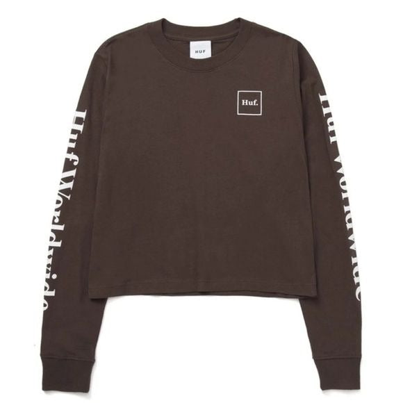 Domestic Long Sleeve CROP T-Shirt | Chocolate Brown Ribbed Collar Cotton - HUF - Tops