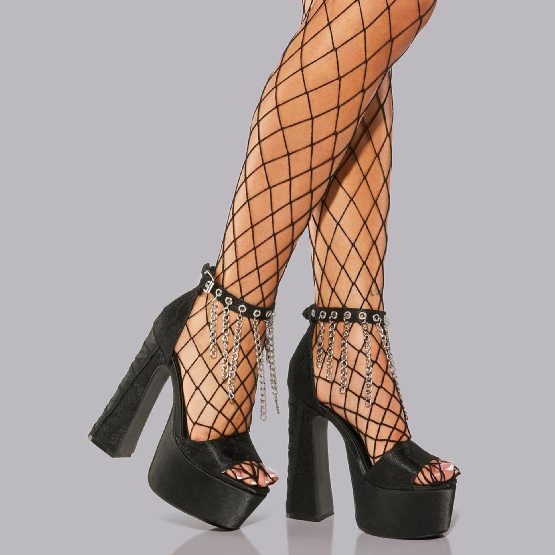 Black Platform Ankle Strap Heels | Peep Toe Block Heel Lace-Up Design Chain Details - Widow - Heels