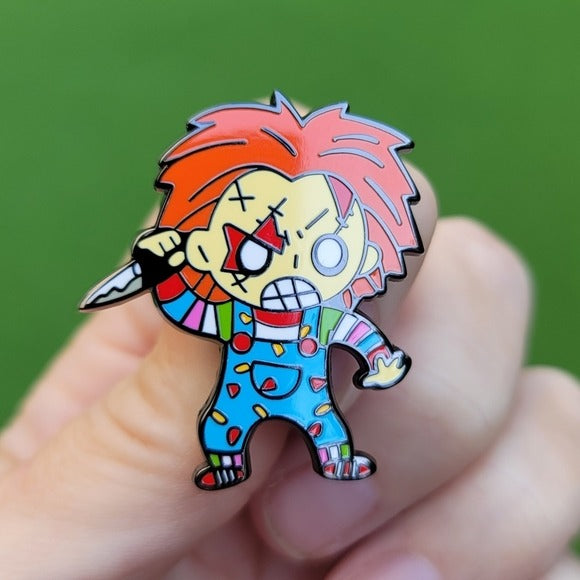 Metal Enamel Lapel Pin | Chucky Goes Crazy | Orange & Blue - A Gothic Universe - Lapel Pins