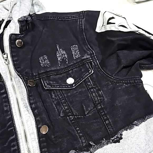 Tour Women's Jacket | Hooded Patchwork Distressed Crop Denim - American Bazi - Jean Jacket