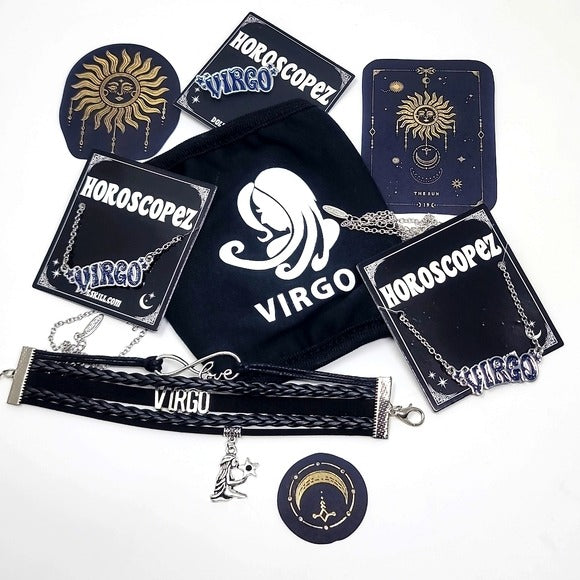 Virgo Zodiac | 2 Necklaces Pin Leather Bracelet  Foil Stickers Face Mask - A Gothic Universe - Necklaces