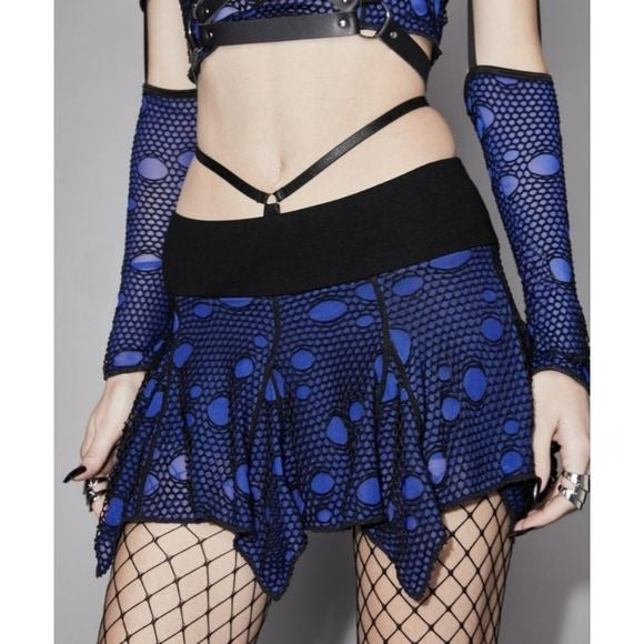 Welcome To Wickedness Fishnet Skirt | Black Blue Distressed Strappy - Widow - 