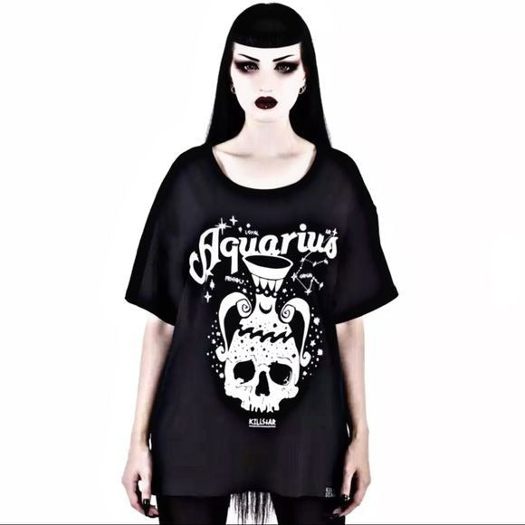 Aquarius Relaxed Top | Unisex Fit | Black Cotton One-Of-A-Kind Design Tee - Killstar - Shirts