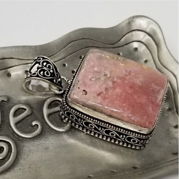 Natural Rhodochrosite Pendant | 9CTW S925 Handmade Antique Detailing Pink Silver - Artisan - Necklaces