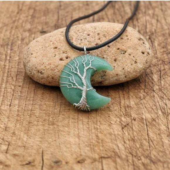 Green Aventurine Necklace | Polished Moon Shape Wire Wrapped Tree - A Gothic Universe - Necklaces