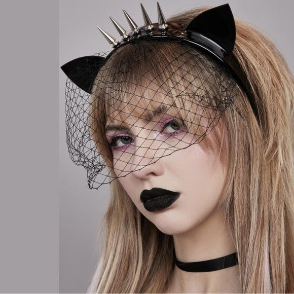 Kitty With Claws Headband | Black Cat Ears Silver Spikes on Top Tulle Veil - Widow - Headbands