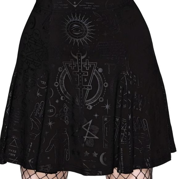 Heathen Skater Skirt | Black On Black Print High Waisted - Killstar - Skirt