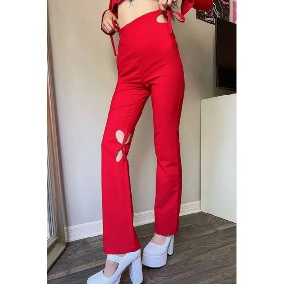 Holey Pray Cut Out Pants | Red Semi Flared Fit High Waisted Side Zip - Zemeta - Pants