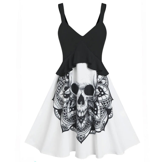 Gothic Skull Print Contrast Peplum Flounce Tank A-Line Dress - A Gothic Universe - Dresses