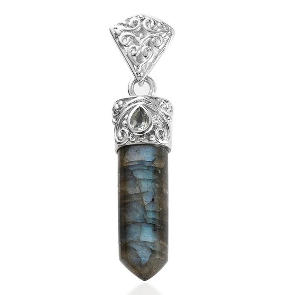 Malagasy Labradorite & Sky Blue Topaz Pendant | Forged in Platinum 15.9ctw - A Gothic Universe - Necklaces