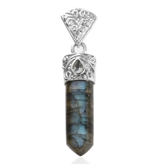 Malagasy Labradorite & Sky Blue Topaz Pendant | Forged in Platinum 15.9ctw - A Gothic Universe - Necklaces