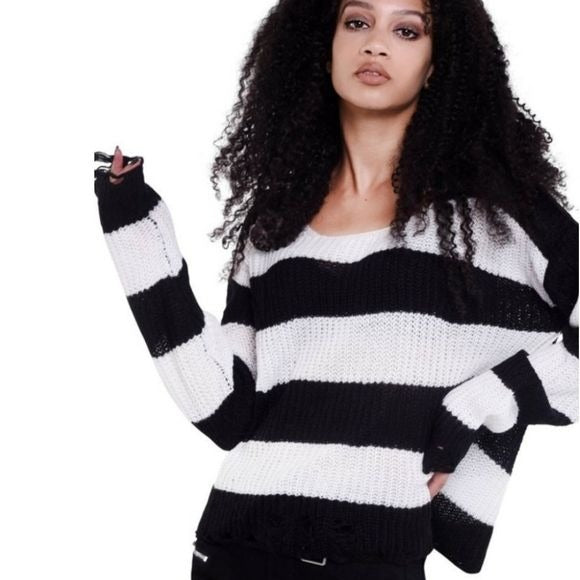 Casey Knit Sweater | Black / White Stripes Unisex Distressed - Killstar - Sweaters