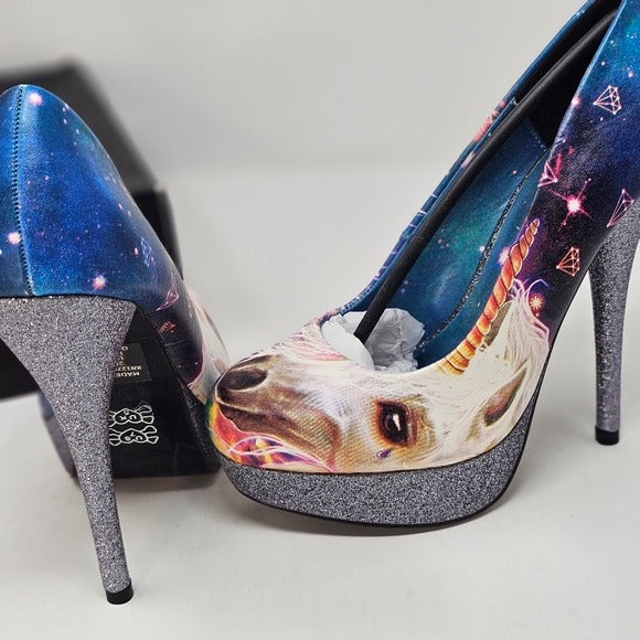 Black Platform Heels | Unicorn Pattern Closed Toe Glitter Heel - Iron Fist - Heels