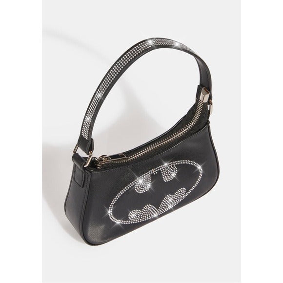 Dark Knight Shoulder Bag | Black Rhinestone Silver Studded Batman Logo - DC Comics - Handbags / Coin Purses