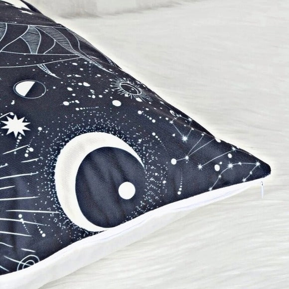 The Galaxy | Side Zip Throw Pillow Cover Moon Sun Stars Planets Moon Phases Blue - A Gothic Universe - Pillow Covers