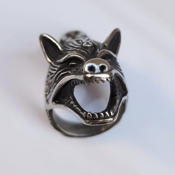 Wolf Head Men's Biker Ring | Black Oxidized Stainless Steel - Silver Wolf Ring - A Gothic Universe - Rings