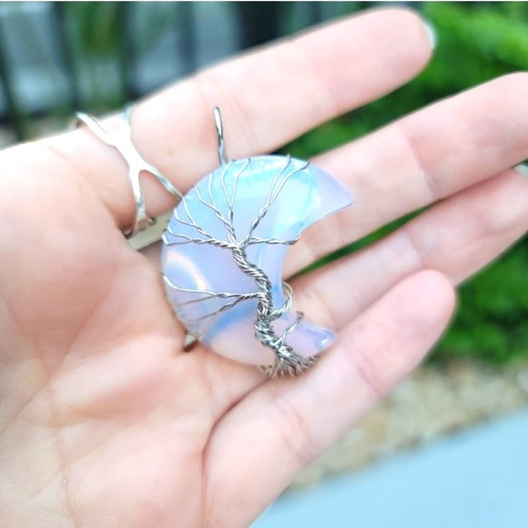 Opalite Crystal Necklace | Polished Moon Shape Wire Wrapped Tree - A Gothic Universe - Necklaces