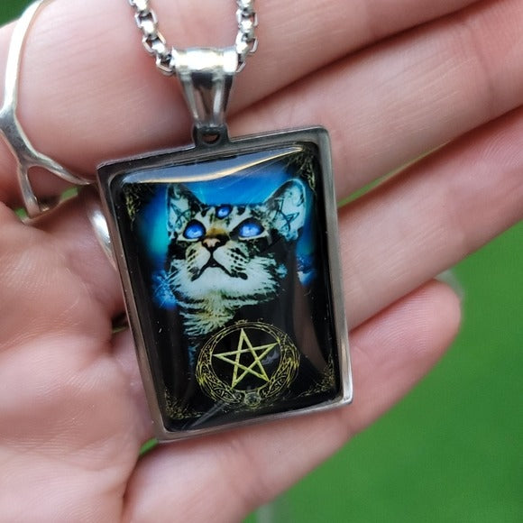 Tarot Third Eye | Cat Pentacle Moon Gothic 23½" Stainless Steel - A Gothic Universe - Necklaces