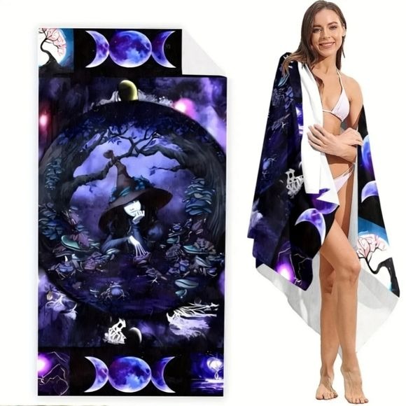 Witch Triple Moon Beach Towel | Purple Premium Micro Fiber - A Gothic Universe - Beach Towels