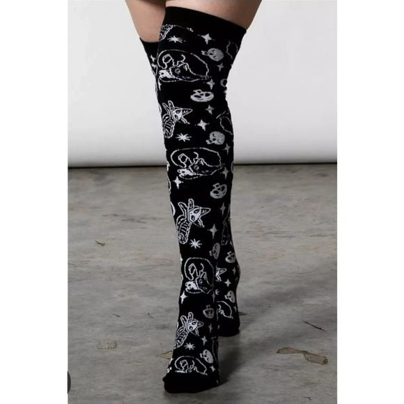 Purr Off Gothic Knee High Long Socks | Black Stretch Knit - Killstar - Thigh Highs