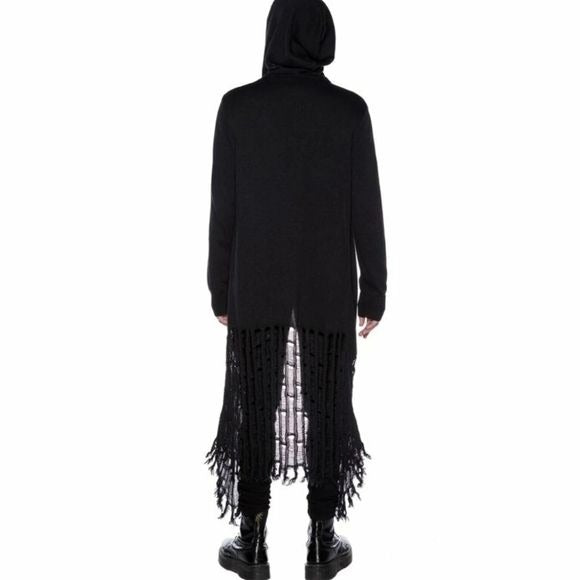 Freak Like Me Open Cardigan | Black Knit HOODED Floor-length Fringe - Killstar - Jackets