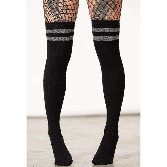 Super Freak Long Socks | Black Silver Top Stripes Stockings - Killstar - Thigh Highs