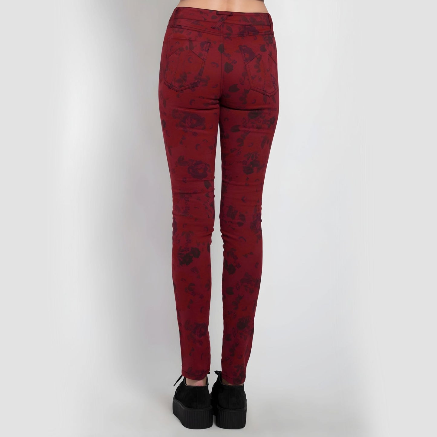 Wine Red High Waisted Skinny Jeans With Floral Print