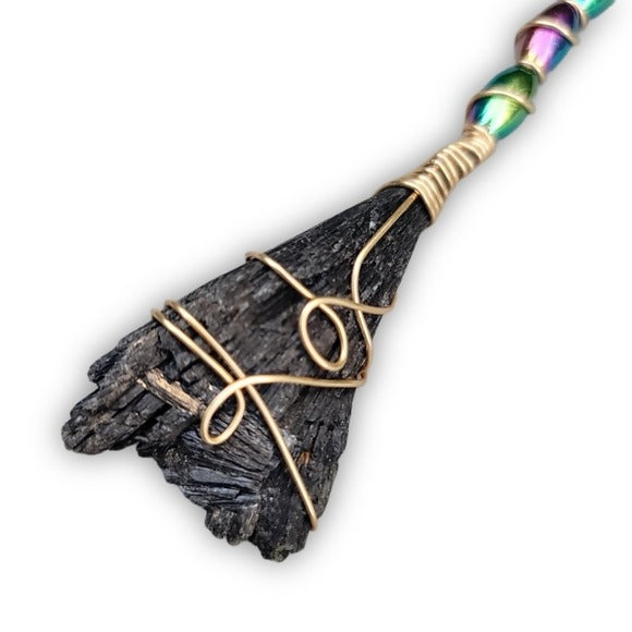 Wire Wrap Witch Besom | Iridescent Beading Handle Hematite Bottom - A Gothic Universe - Besoms
