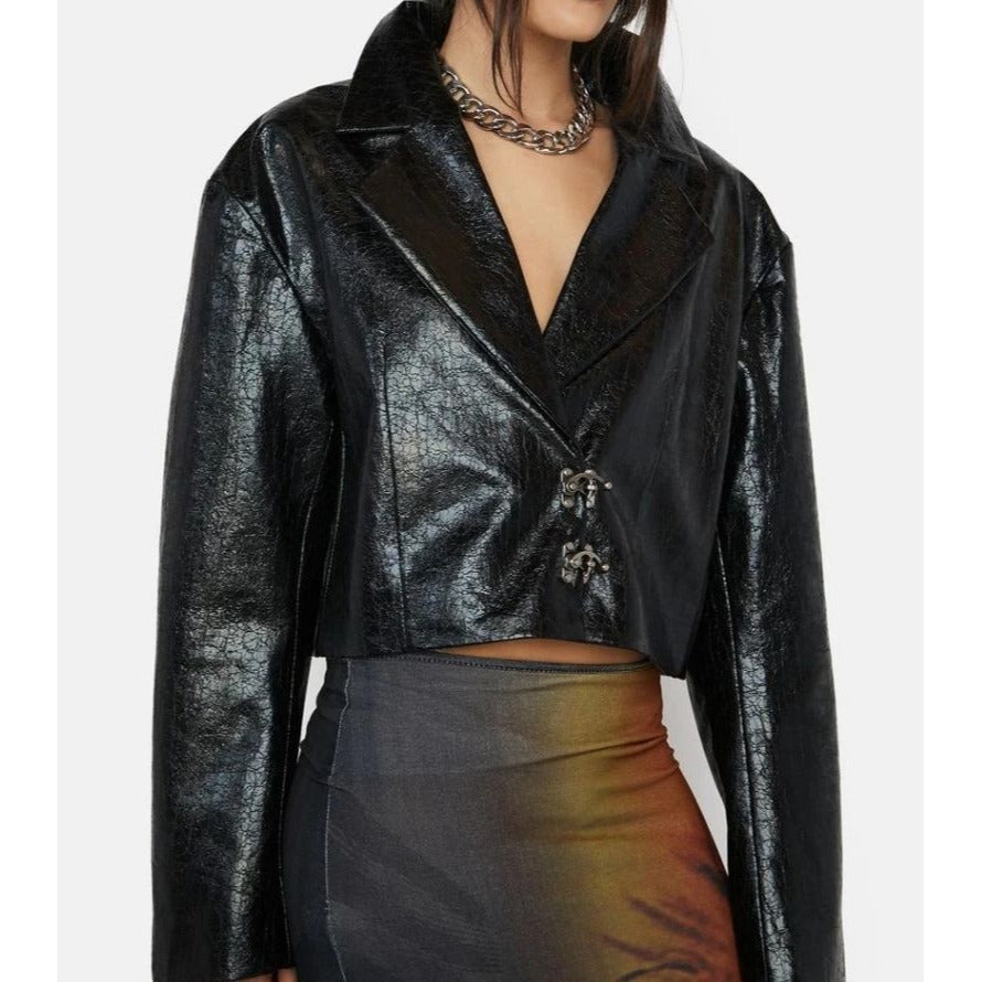 BADEE Faded ECO Leather Crop Jacket Black - BADEE - Jackets