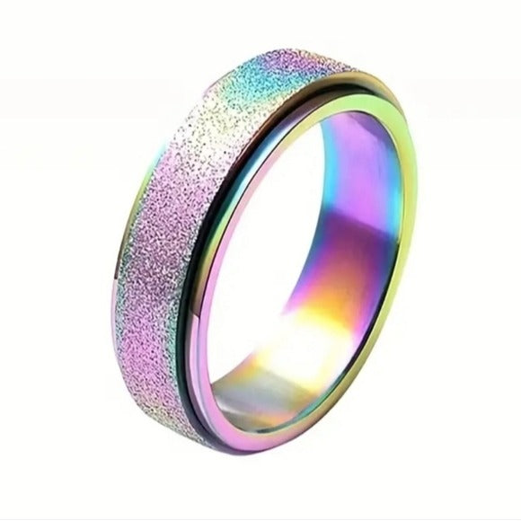 Titanium Stainless Steel Unisex Ring | Rainbow Sandblasted Anxiety Spinner Ring - A Gothic Universe - Rings