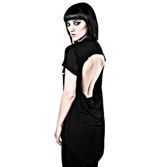 Open-Back Top | Fact | Cut-Out Embroidered Goth Black Relaxed Fit Top - Killstar - Tops