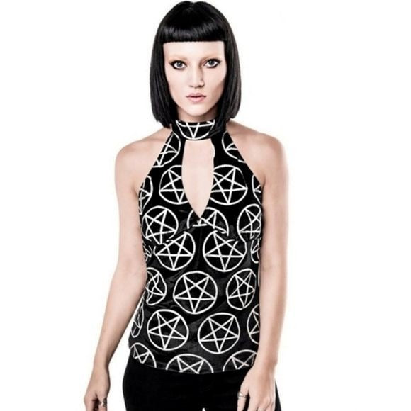 Luxe Velvet Blouse | Venom On Edge |  T-Back Halter Pentagram Top - Killstar - Blouses