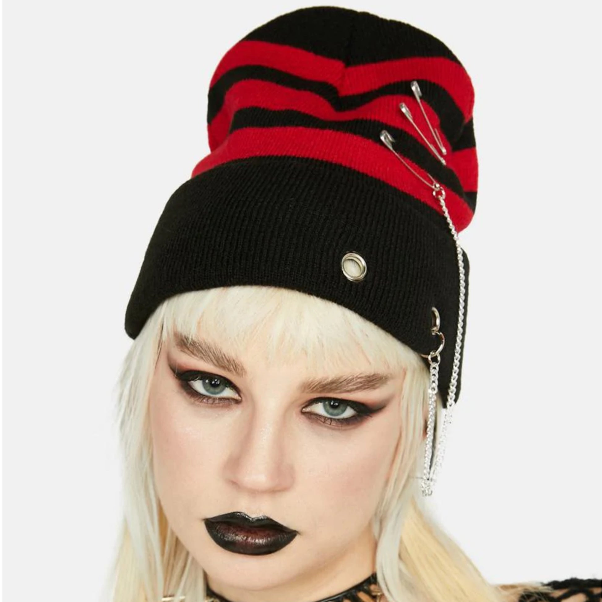Punk Style Beanie | Black With Red Stripes Safety Pins & A Chain - Dolls Kill - Beanies