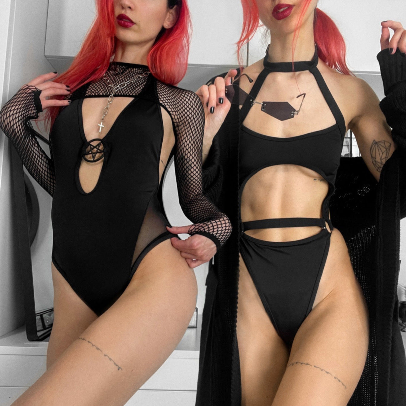 Showdown One Piece Swim Suit / Bodysuit | Halter Pentagram Hardware - Killstar - Swimwear