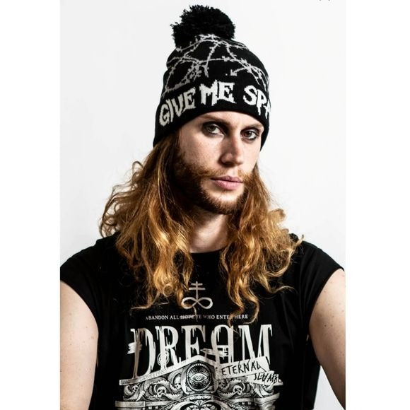 Give Me Space Beanie | Black/Grey Cotton Bobble Top Unisex - Killstar - Beanies