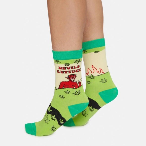 Devil's Lettuce Crew Socks | Green Mid Calf Contrast Toes - Groovy Things - Socks