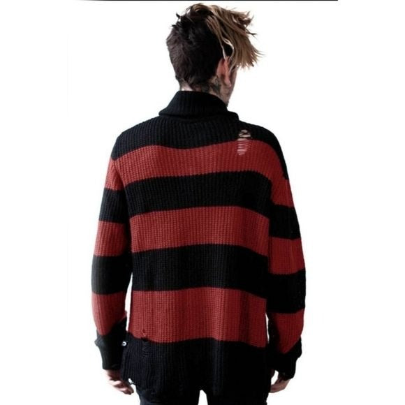 Seven Knit Sweater | Blood Red Distressed Raw Hem Extra Long Striped - Killstar - Sweaters