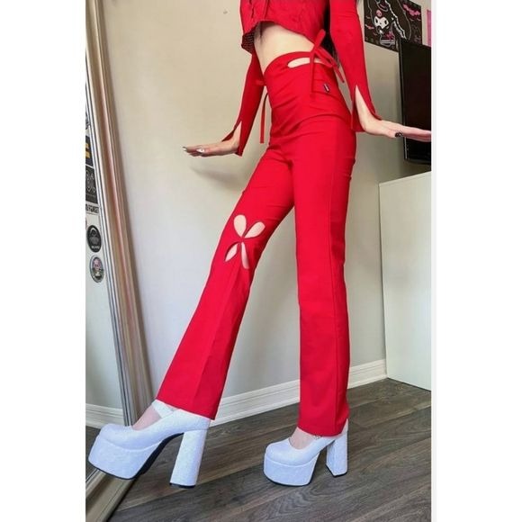 Holey Pray Cut Out Pants | Red Semi Flared Fit High Waisted Side Zip - Zemeta - Pants