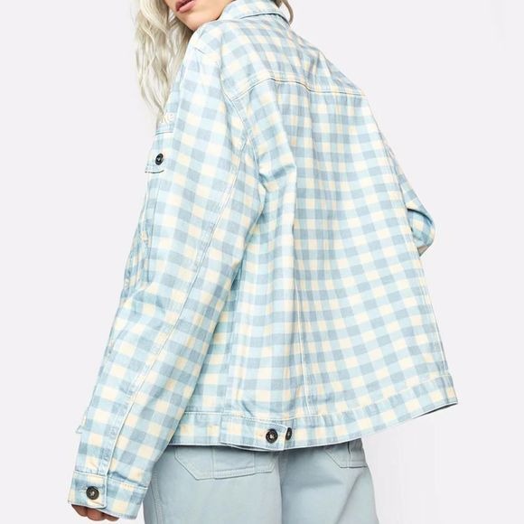 Kickers Women's Gingham Classic Denim Button Down Jacket in Blue Front Pockets - Kickers - Coats