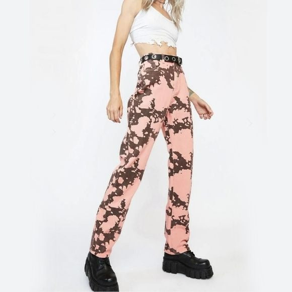 Cow Print Relaxed Straight Leg Jeans | Brown High Waisted Pockets - Momokrom - Jeans