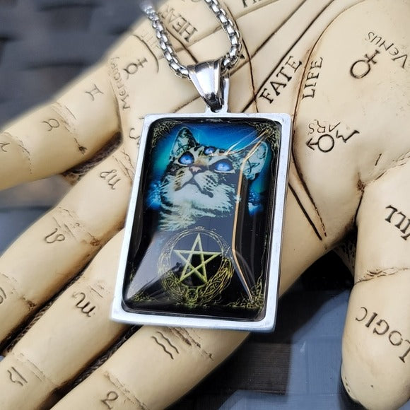 Tarot Third Eye | Cat Pentacle Moon Gothic 23½" Stainless Steel - A Gothic Universe - Necklaces